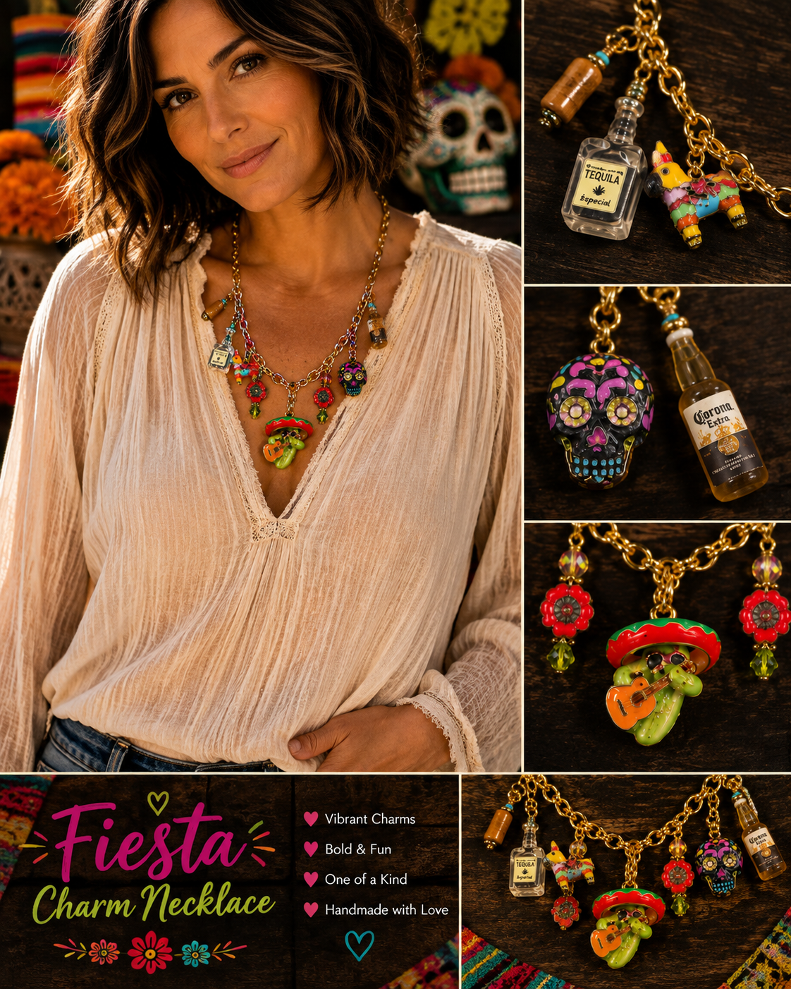 Handmade 17-Inch Fiesta Charm Necklace with Czech Glass Flowers & Vintage Crystals