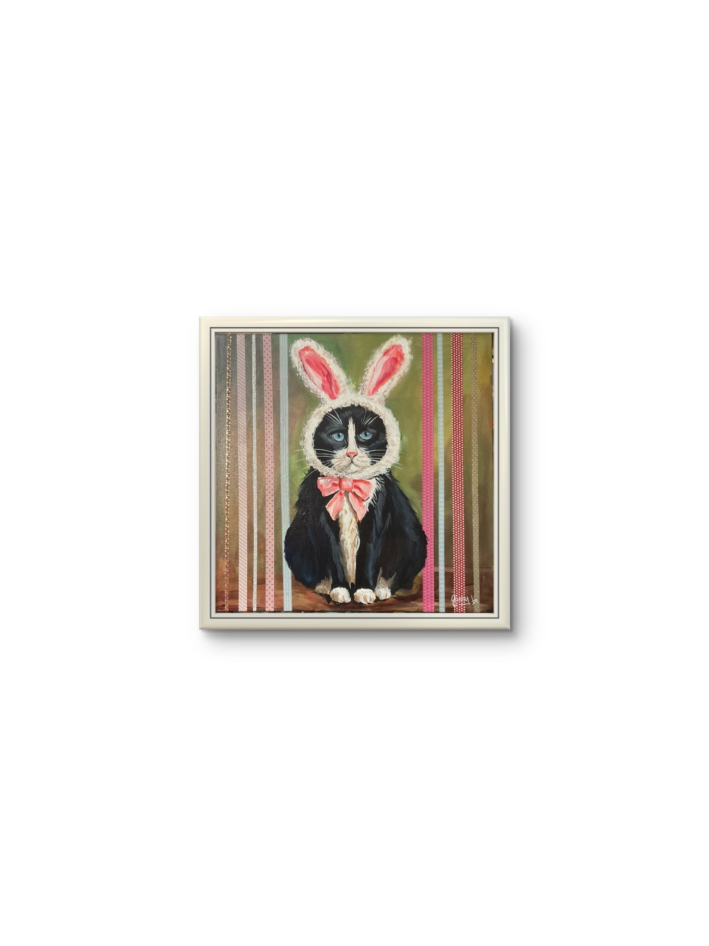 Somebunny Is Not Amused – Tuxedo Cat in Bunny Hat Mixed Media Painting- Local Pickup only