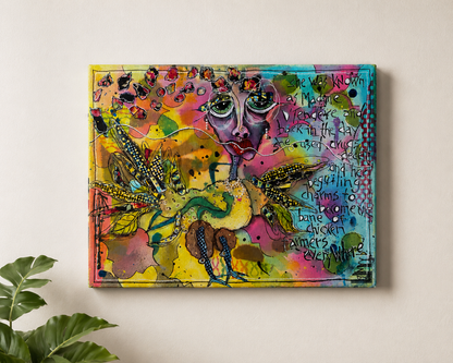 11x14 Mixed Media Canvas Art | Madame D’Tendere Bird Woman Painting | Original Folk Art Wall Decor