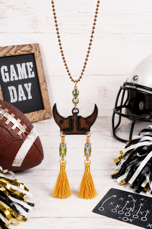 Minnesota Vikings Inspired Helmet Necklace with Vintage Crystals, Gold Tassels & Antique Bronze Ball Chain