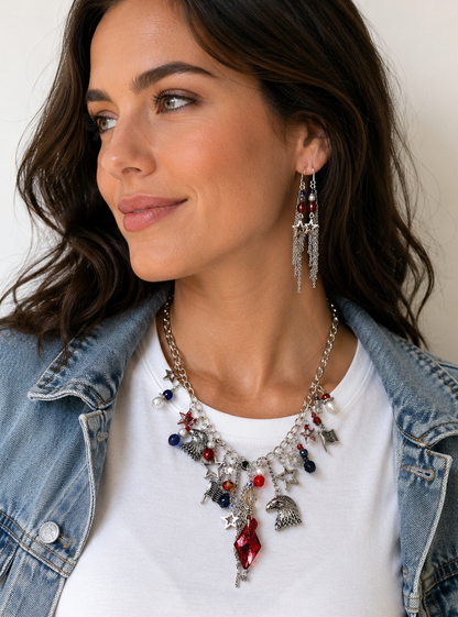Red White & Blue Swarovski Crystal Patriotic Charm Necklace with Matching Fringe Earrings