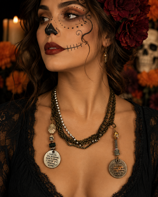 Handmade Four-Chain Skull Necklace with Swarovski Crystal, Peyote Stitch Bead & Stamped Medallions