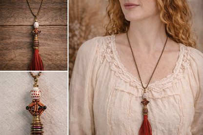 Rust & Soul Tassel Necklace – Ceramic Owl & Suede Fringe Boho Statement