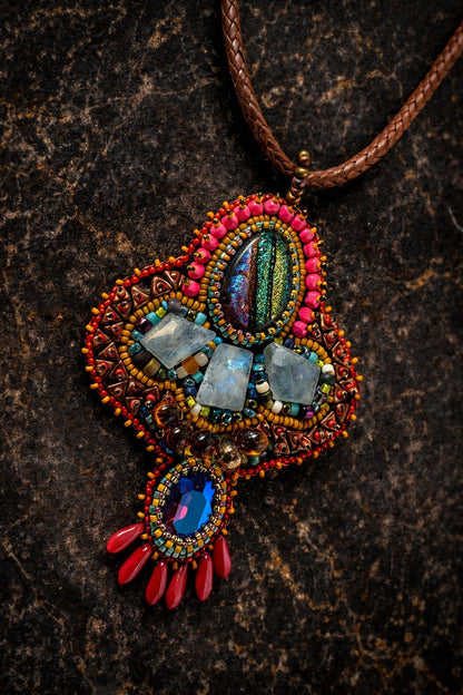 Celestial Ember Beaded Pendant - 18" Leather cord Necklace