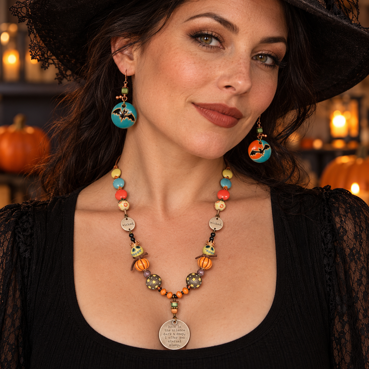 Halloween Skull & Pumpkin Necklace Set with Bat Earrings, 22 Inch