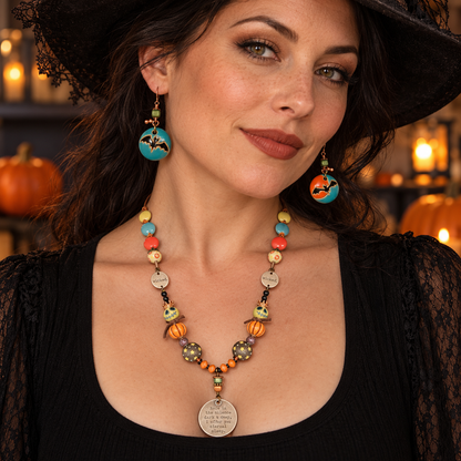 Halloween Skull & Pumpkin Necklace Set with Bat Earrings, 22 Inch