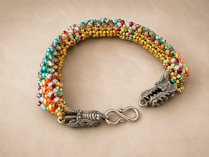 Hand-Beaded Right Angle Weave Bracelet with Crystals, Pearls & Dragon Clasp