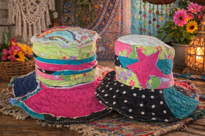Dorothy Jean Reversible Patchwork Boho Hat – Pink Star, Wired Brim, Size Large (23”)