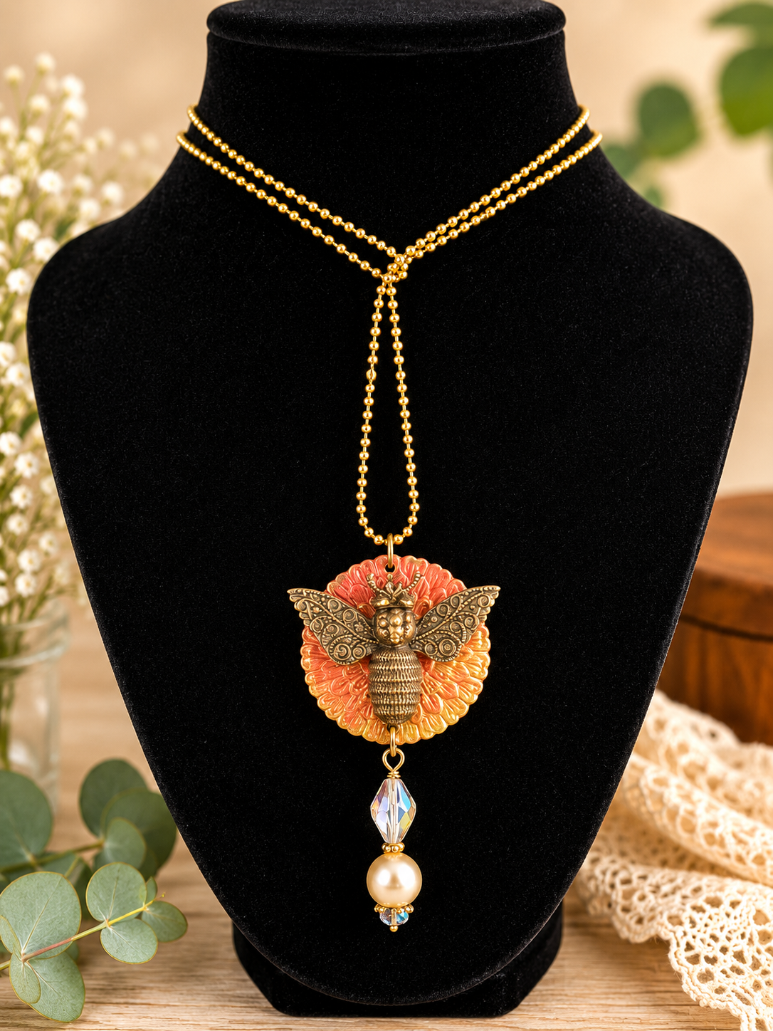 Antique Brass Bee Pendant Necklace with Vintage Crystal & Pearl on Adjustable 30-Inch Gold Ball Chain