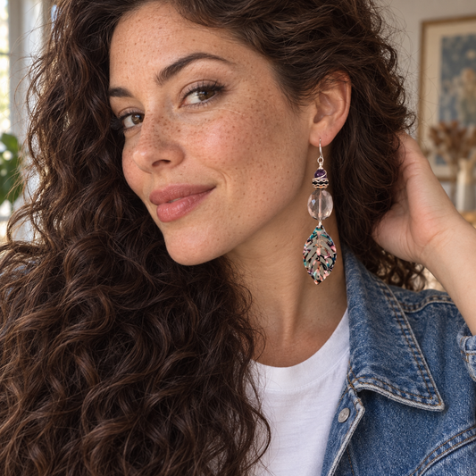Colorful Resin Leaf and Swarovski Crystal Earrings – 3 Inch