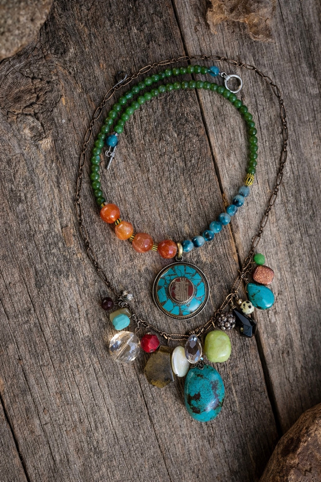 Boho Layered Necklace Set – Turquoise, Carnelian & Vintage Crystal Charm Necklace + Nepal Pendant Beaded Strand