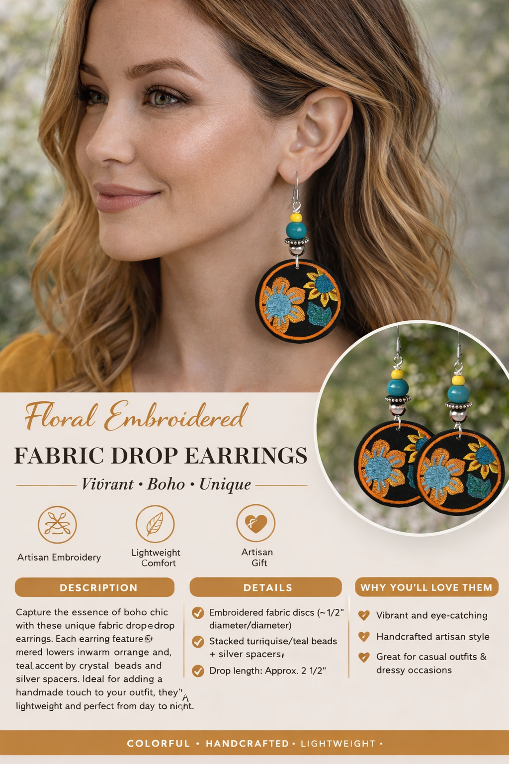 Boho Bloom Fabric Disc Earrings – Embroidered Floral Statement Drops