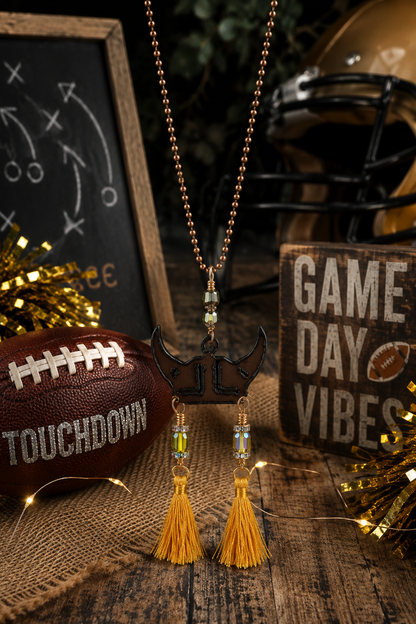 Minnesota Vikings Inspired Helmet Necklace with Vintage Crystals, Gold Tassels & Antique Bronze Ball Chain