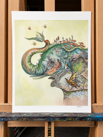 Original Watercolor and Pen Painting – The Forest Keeper Fantasy Nature Artwork 12.5 x 10.5 Inches