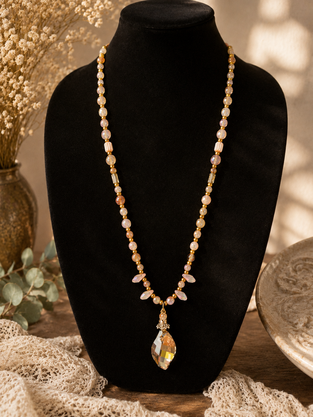 Handmade Deerskin Leather Necklace with Swarovski Crystal Pendant & Amber Crystal Accent