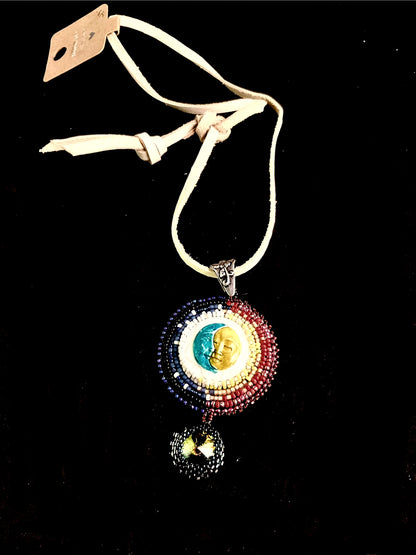 Necklace - Sun and Moon bead embroidered pendant