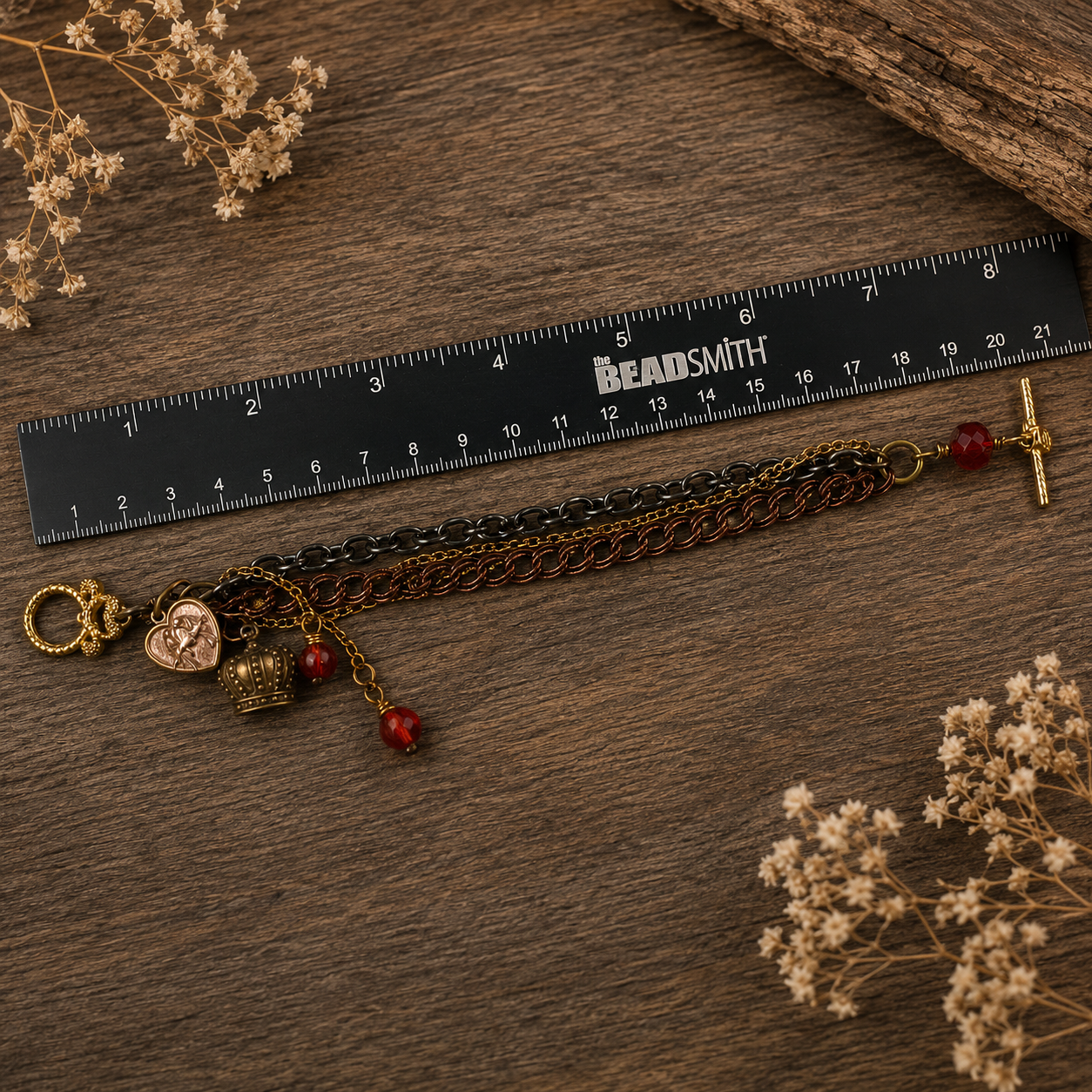 Mixed Metal Charm Bracelet | Antique Gold, Copper & Gunmetal Toggle Bracelet