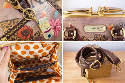 Nicole Lee “Vegas Muse” Graphic Satchel Handbag with Rhinestone Car Charm – Polka Dot Interior