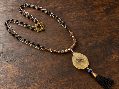 Golden Stone Leopard Pendant Necklace with Swarovski Pearls & Black Tassel