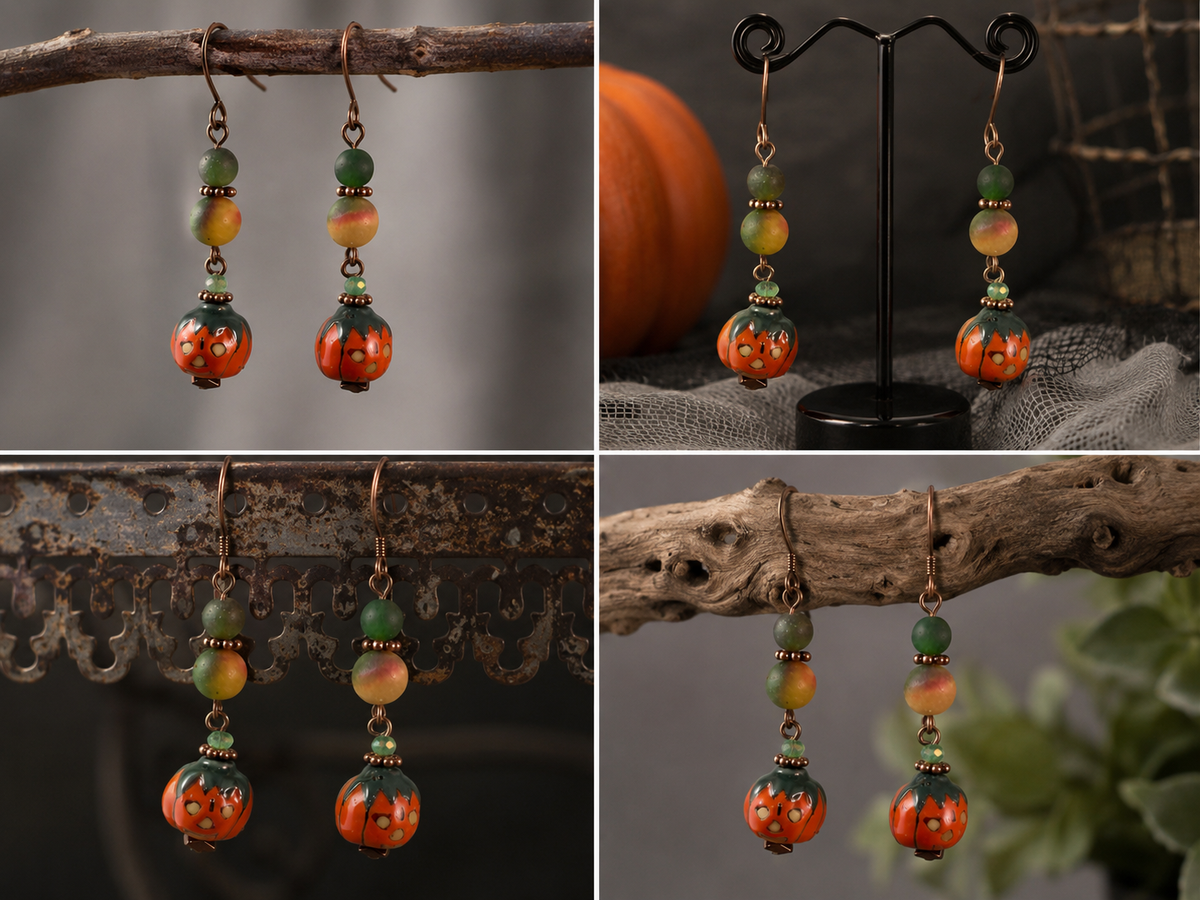 Handmade Porcelain Pumpkin Earrings with Jasper Beads