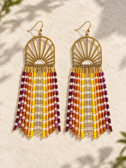 Hand-Beaded Brass Sunray Fringe Earrings – 3 Inch