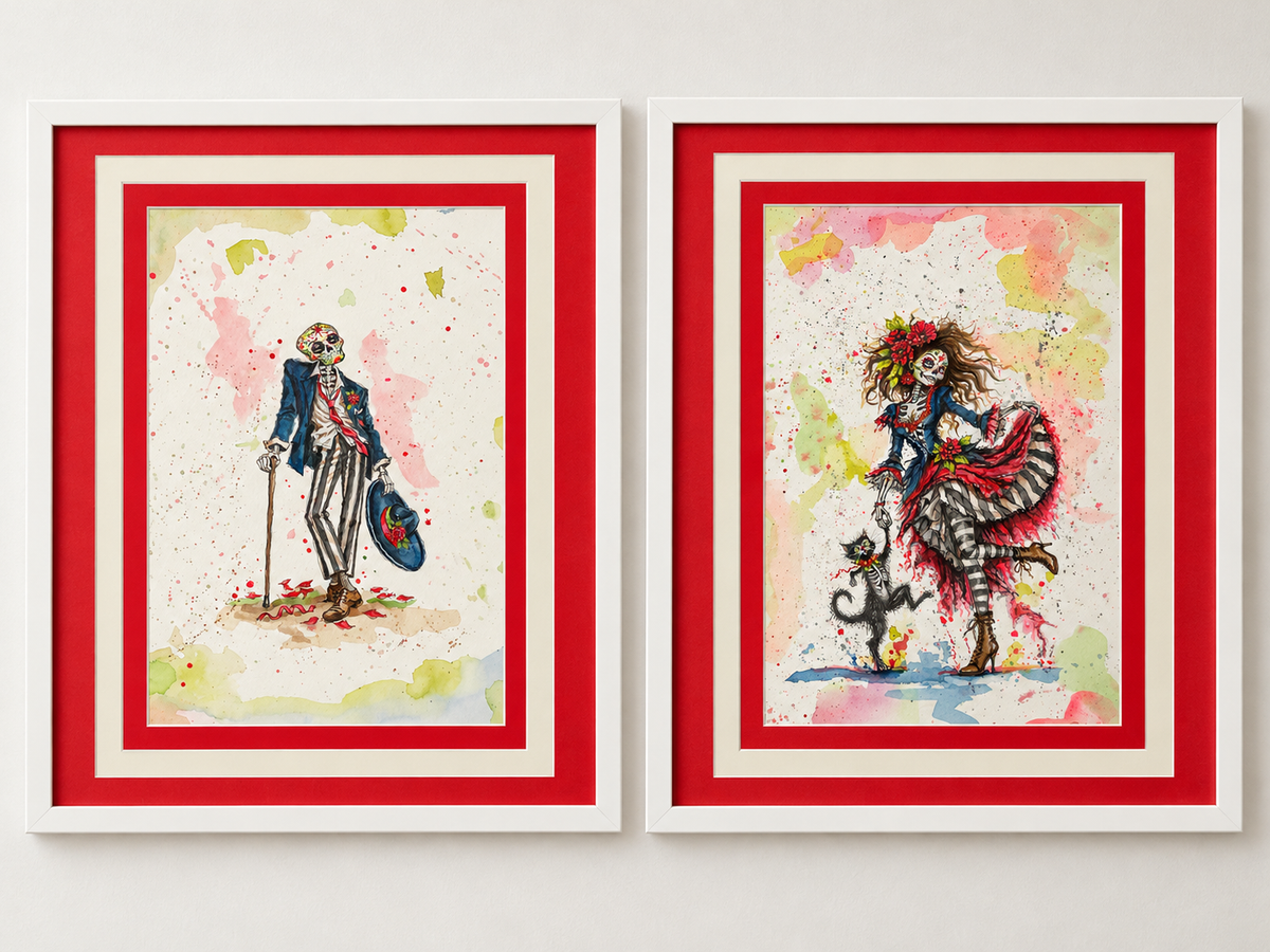 Original Day of the Dead Watercolor Paintings – Framed 17 x21.5"