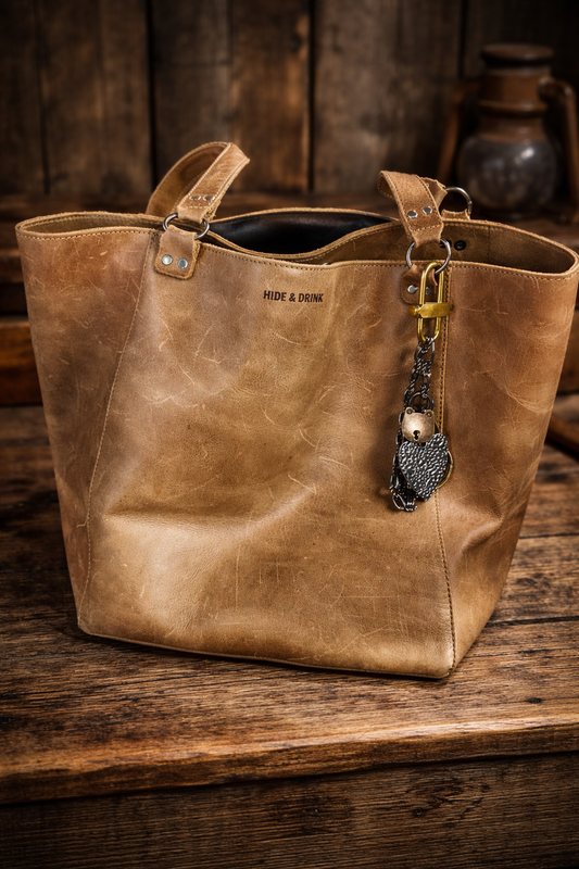 Hide & Drink Distressed Leather Tote with Plaid Interior & Artisan Charm