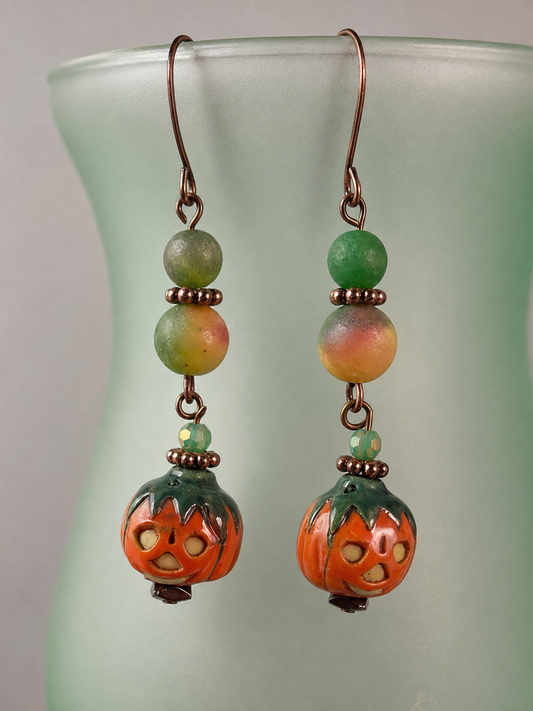 Handmade Porcelain Pumpkin Earrings with Jasper Beads