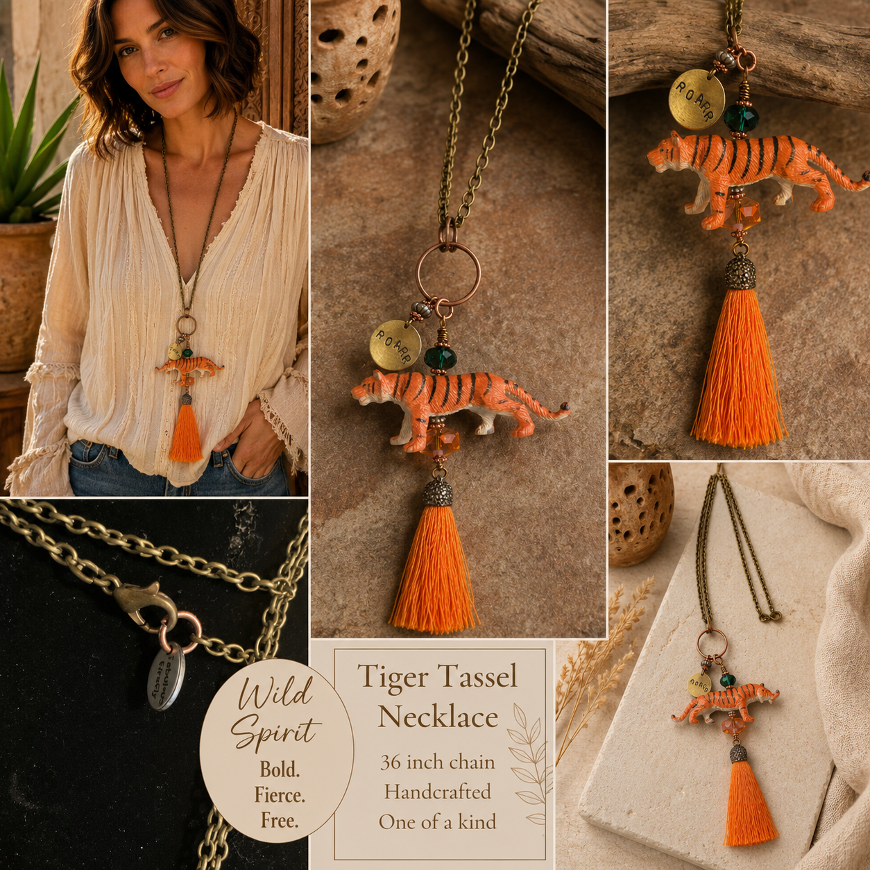 Handmade Tiger Tassel Necklace with Crystals, ROAR Charm & 36-Inch Chain