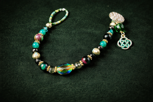 Lucky Celtic Charm Bracelet – Austrian Crystal & Green Beaded Irish Bracelet, Rhinestone Button Clasp