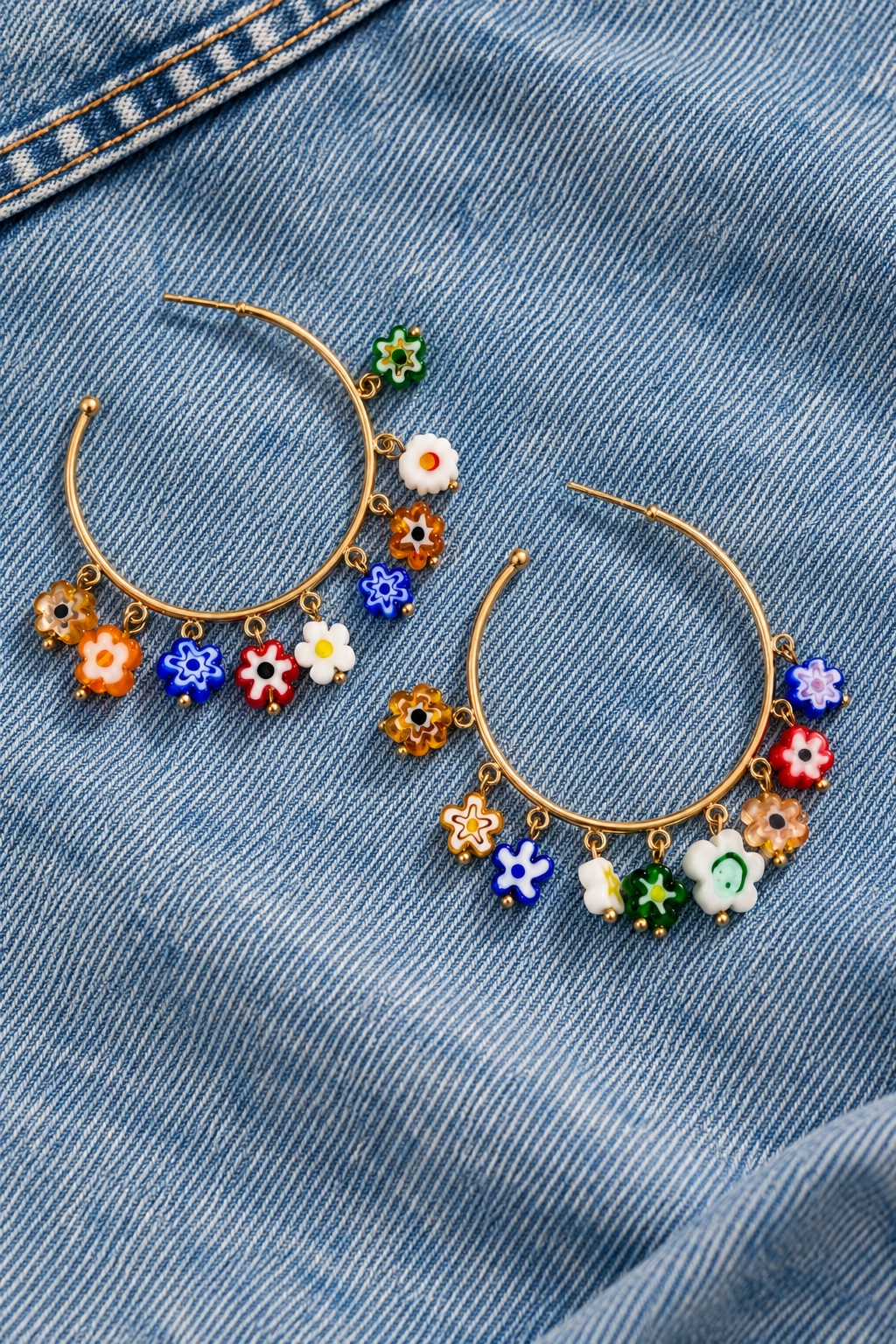 Colorful Millefiori Glass Flower Gold Hoop Earrings