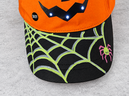 Hand-Painted Pumpkin Baseball Hats – Adjustable with Strobe & Solid Lights!