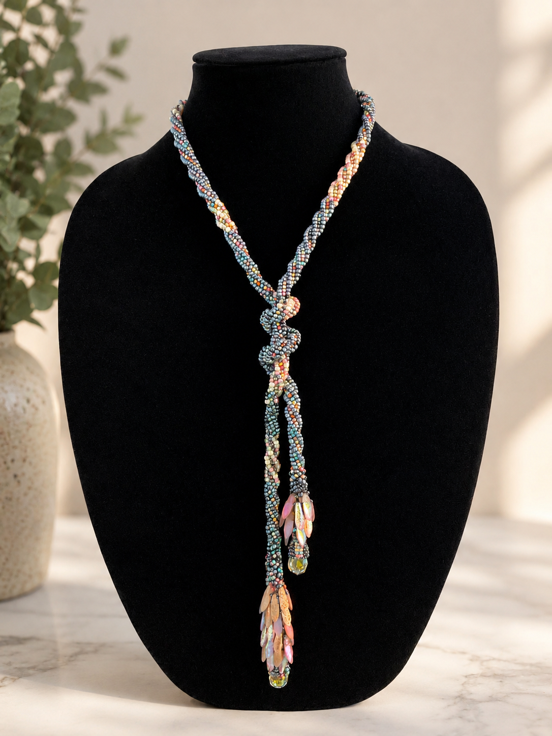 Handmade Beaded Lariat Necklace – 36” Spiral Rope with Dagger Beads & Vintage Crystals