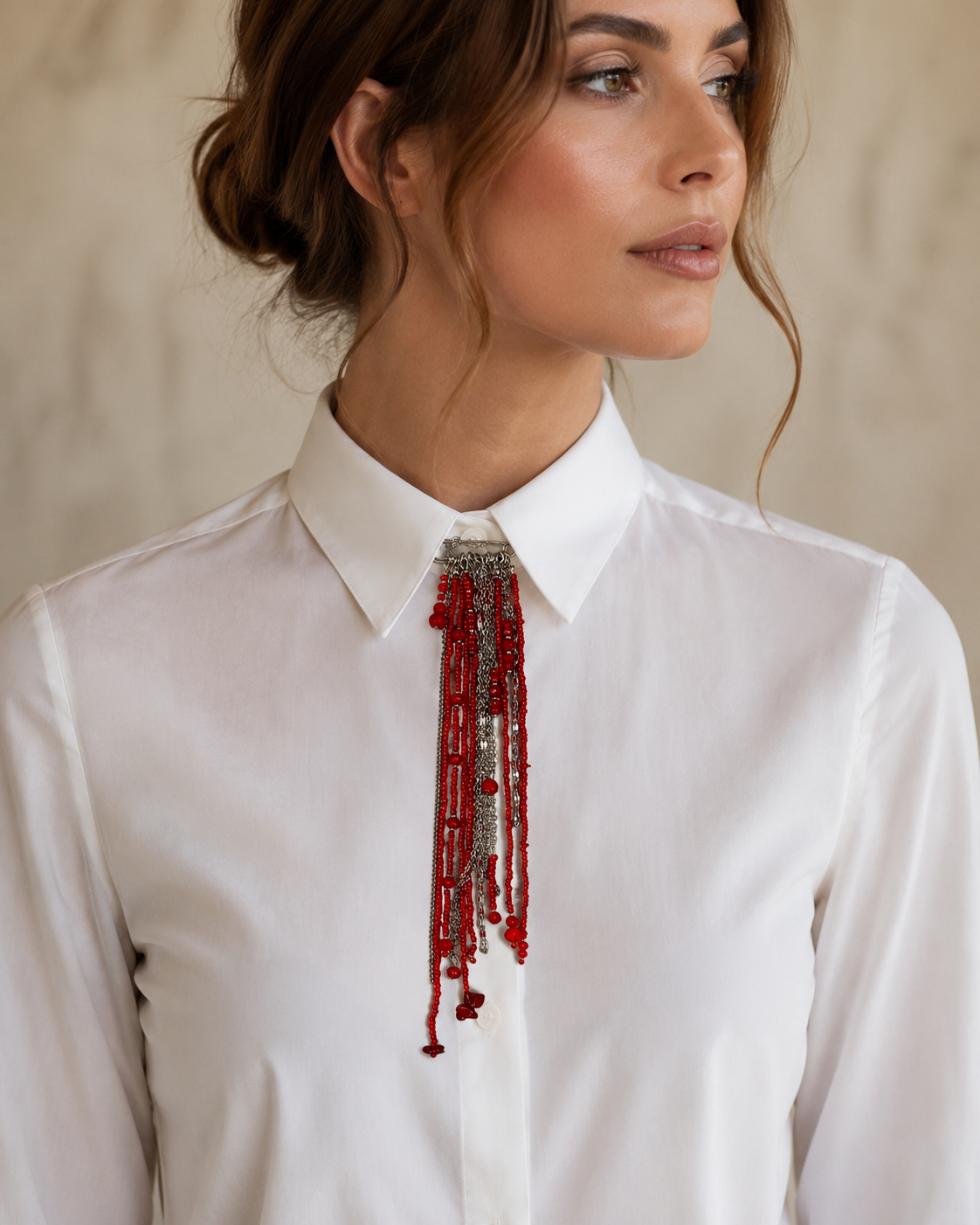 Handmade Red Beaded Fringe Safety Pin Brooch | Boho Statement Pin with Chains & Mixed Beads