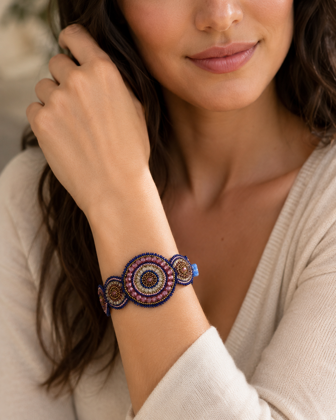 8” Hand Beaded Mandala Bracelet with Czechoslovakian Glass Beads & Button Closure