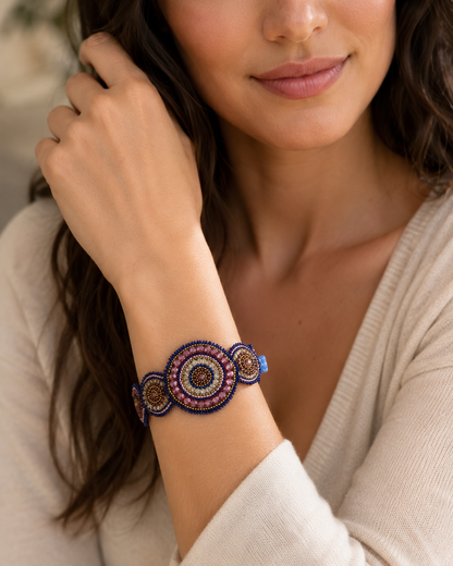8” Hand Beaded Mandala Bracelet with Czechoslovakian Glass Beads & Button Closure