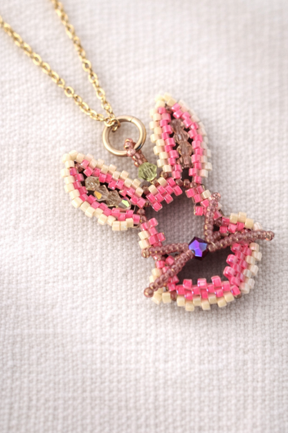 Pink Beaded Bunny Necklace with Crystals – Handmade Easter Rabbit Pendant