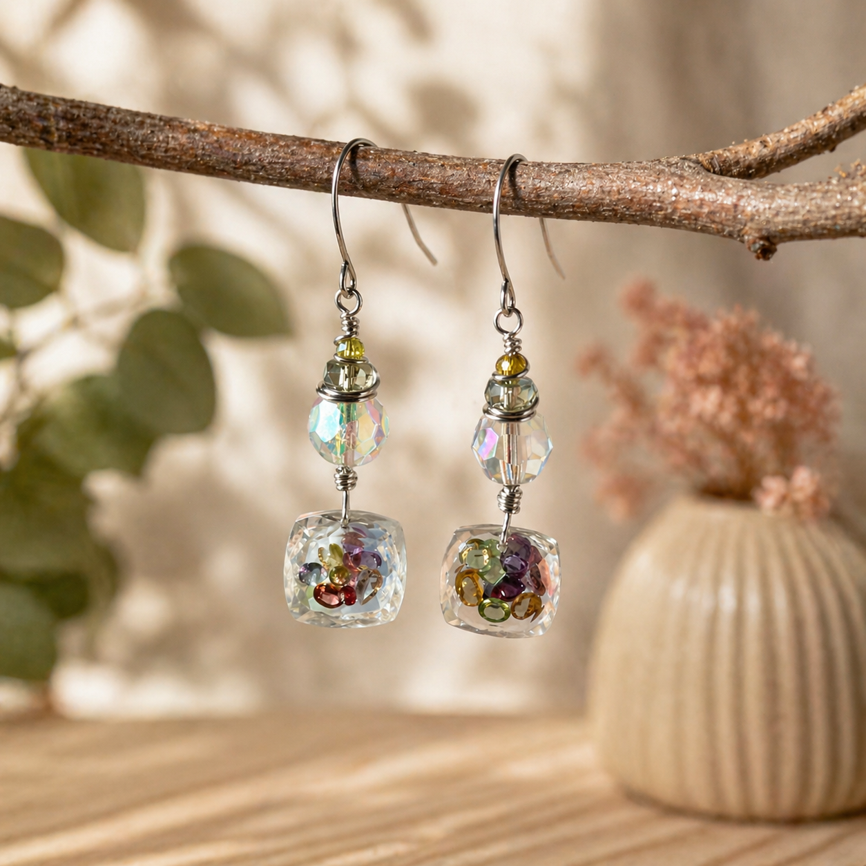 Crystal Within Crystal Drop Earrings – Vintage Crystal & Silver Dangle – Artisan Handmade Luxury Earrings