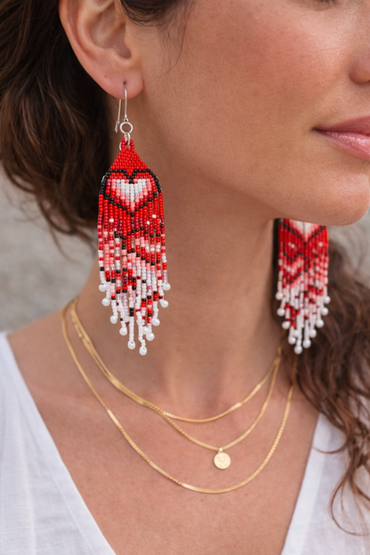 Hand Beaded Heart Fringe Earrings with Pearl Drops – Romantic Boho Statement