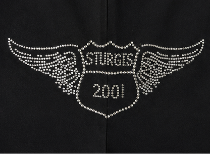 Carrie Daway Flame Stretch Pants XL | Handmade Black Cotton Lycra Flare Pants with Sturgis Rhinestones