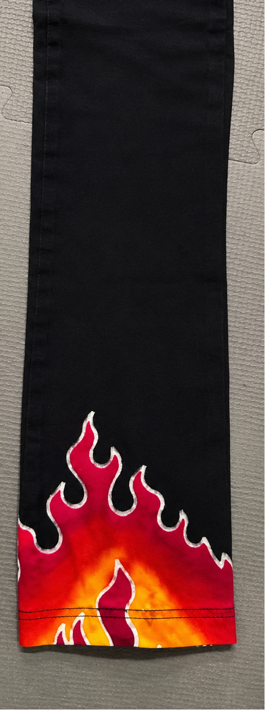 Carrie Daway Flame Stretch Pants XL | Handmade Black Cotton Lycra Flare Pants with Sturgis Rhinestones