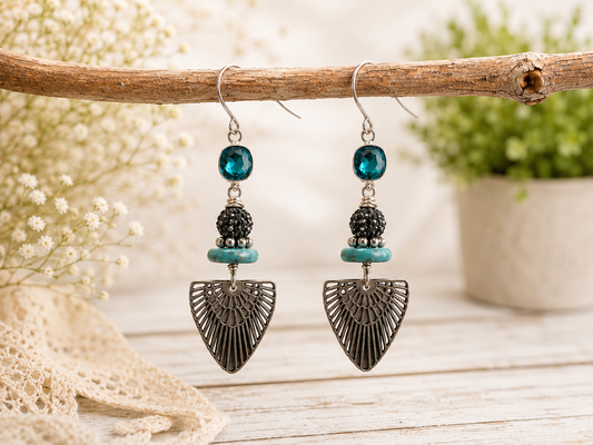 Turquoise Rhinestone Boho Drop Earrings with Silver Fan Charms | Handmade Statement Jewelry