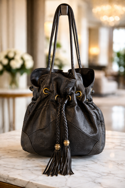 Black Leather Drawstring Bucket Bag with Braided Tassels – Multi Pocket Boho Everyday Purse