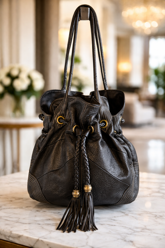 Black Leather Drawstring Bucket Bag with Braided Tassels – Multi Pocket Boho Everyday Purse