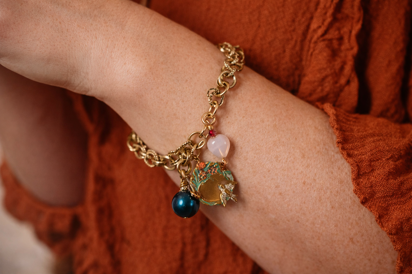 Whispers of the Garden – Moonstone Heart & Crystal Charm Bracelet