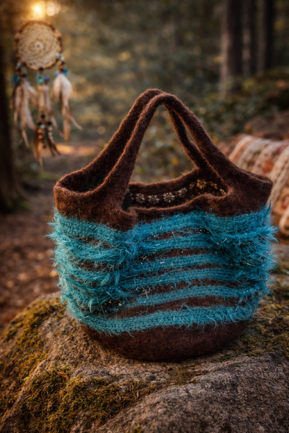 Boho Fuzzy Blue Knit Handbag – Handmade Wool Purse with Floral Lining, Soft Textured Yarn Tote