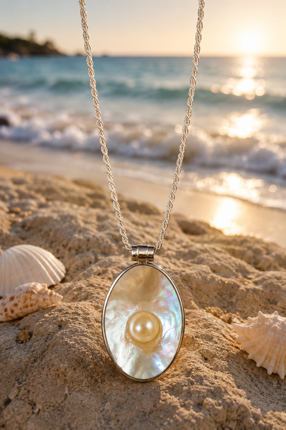 Vintage Sterling Silver Mother-of-Pearl Shell Necklace with Pearl Accent 20 Inch