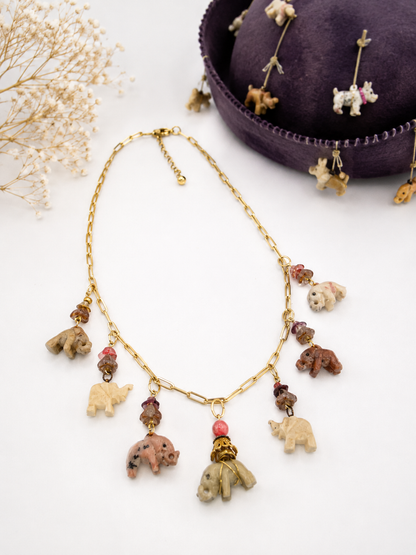Vintage Elephant Parade Necklace – Hand-Carved Elephant Charms & Czech Glass