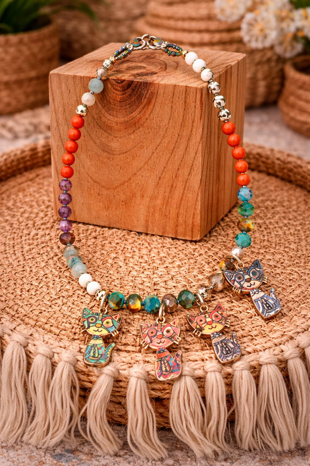 Holi Cats!!! Cat Charm Necklace with Colorful Beads – Boho Artisan Statement | 18” Length