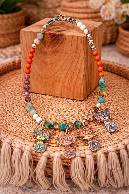 Holi Cats!!! Cat Charm Necklace with Colorful Beads – Boho Artisan Statement | 18” Length